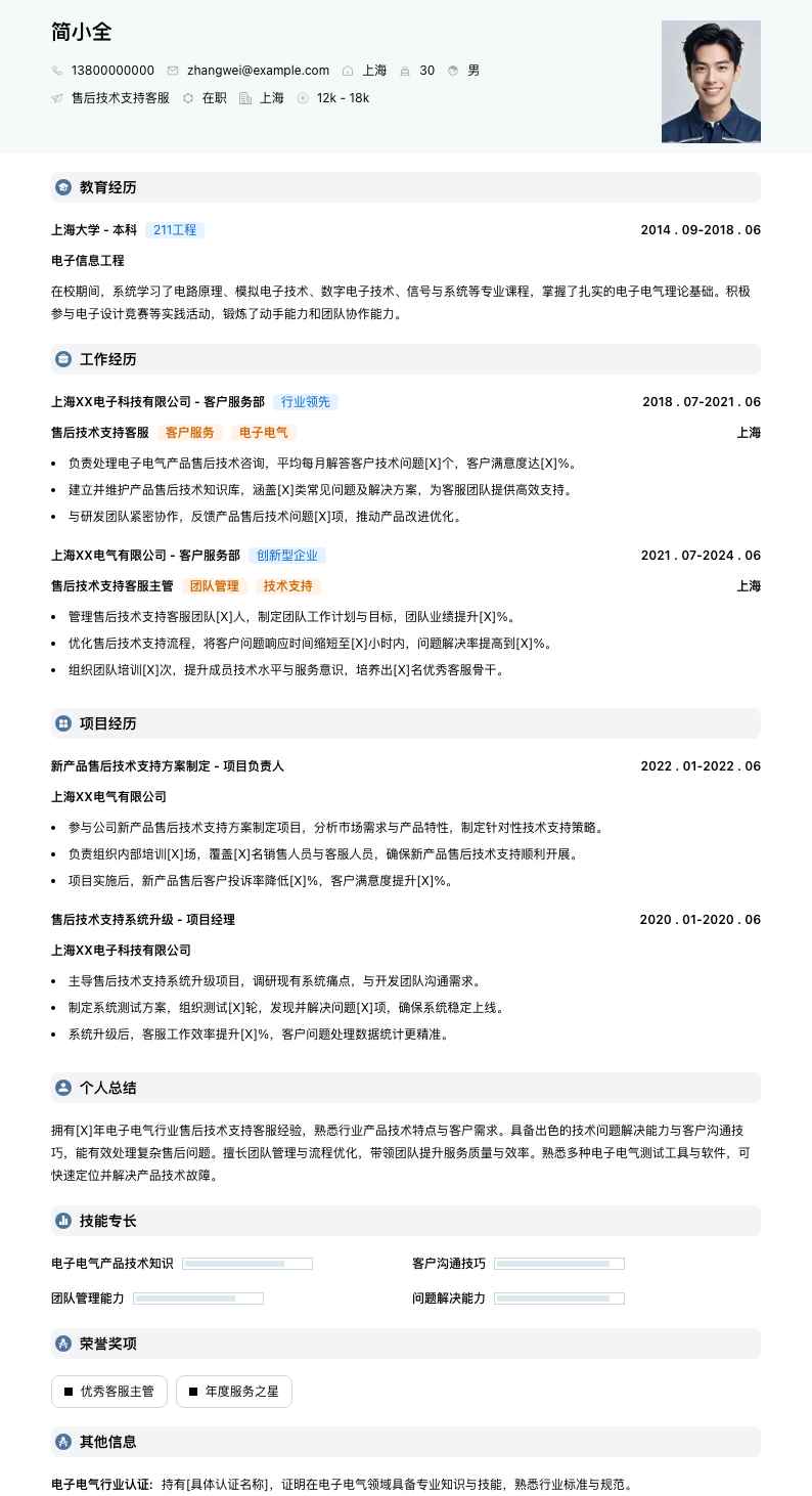 售后技术支持客服简历模板