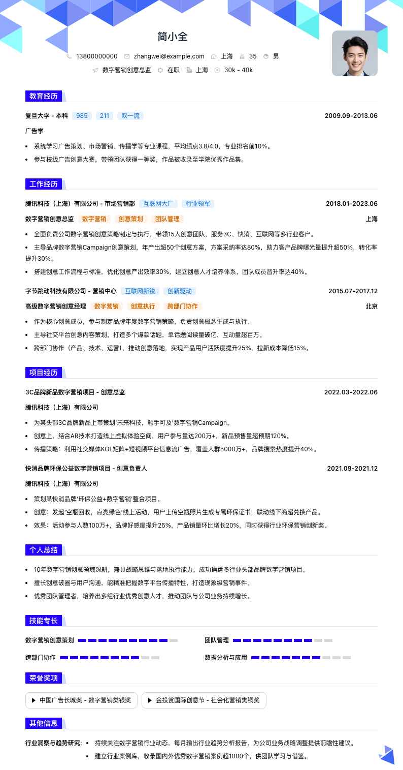 数字营销创意总监简历模板