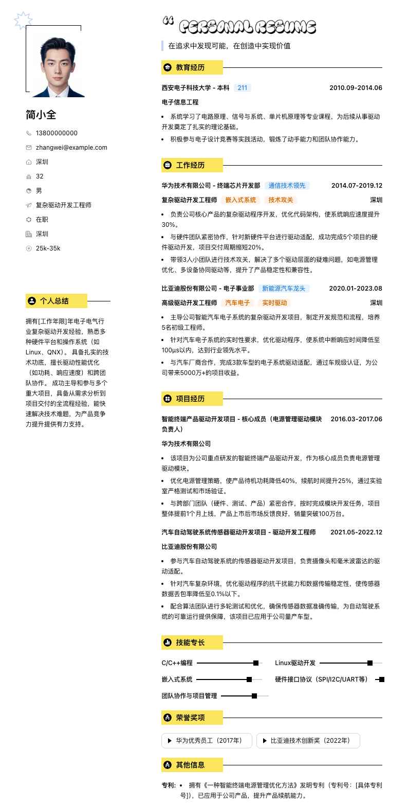 复杂驱动开发工程师简历模板