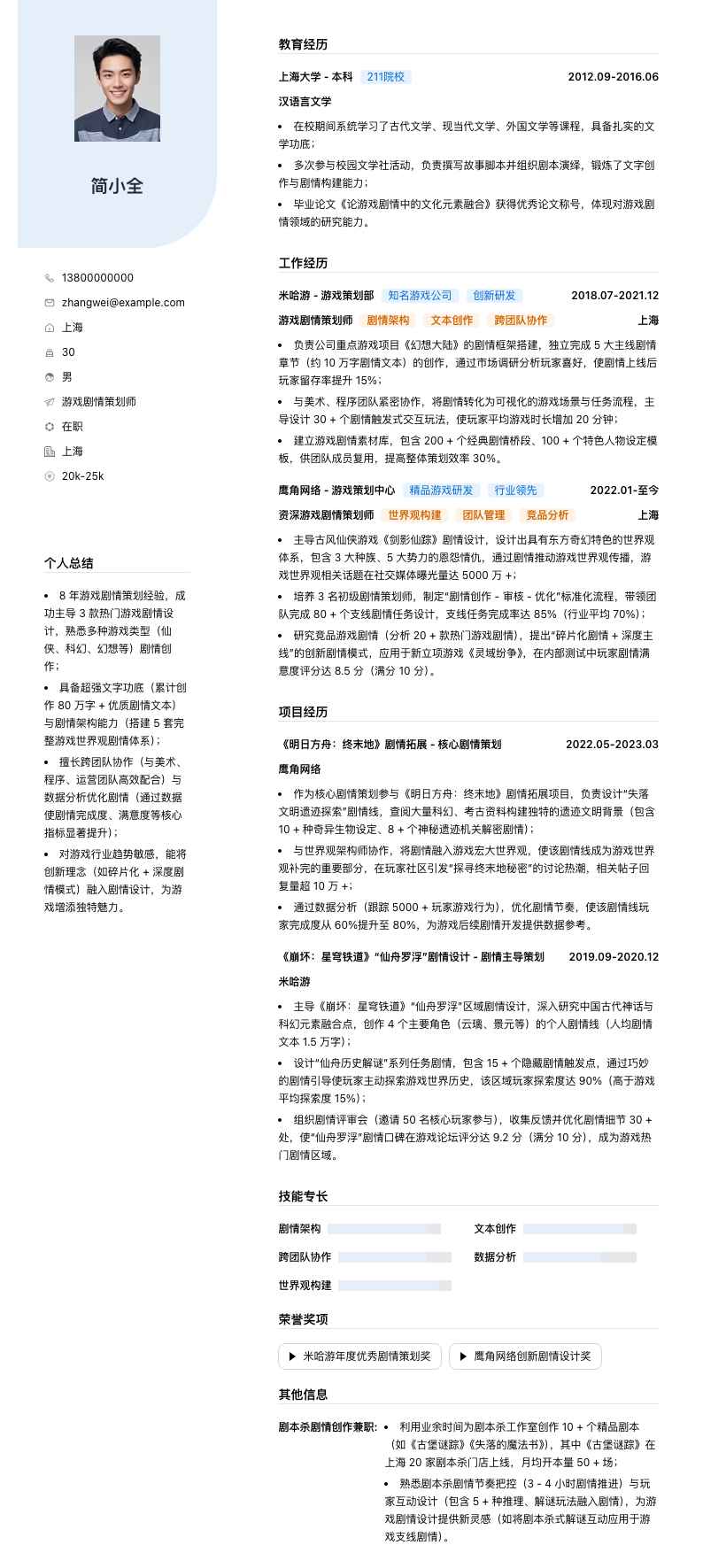 游戏剧情策划师简历模板