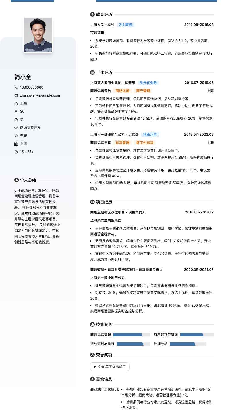 商场运营简历模板