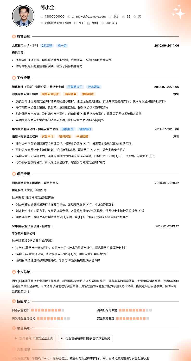 通信网络安全工程师简历模板
