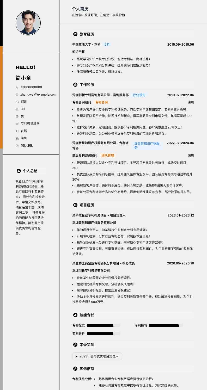 专利咨询顾问简历模板