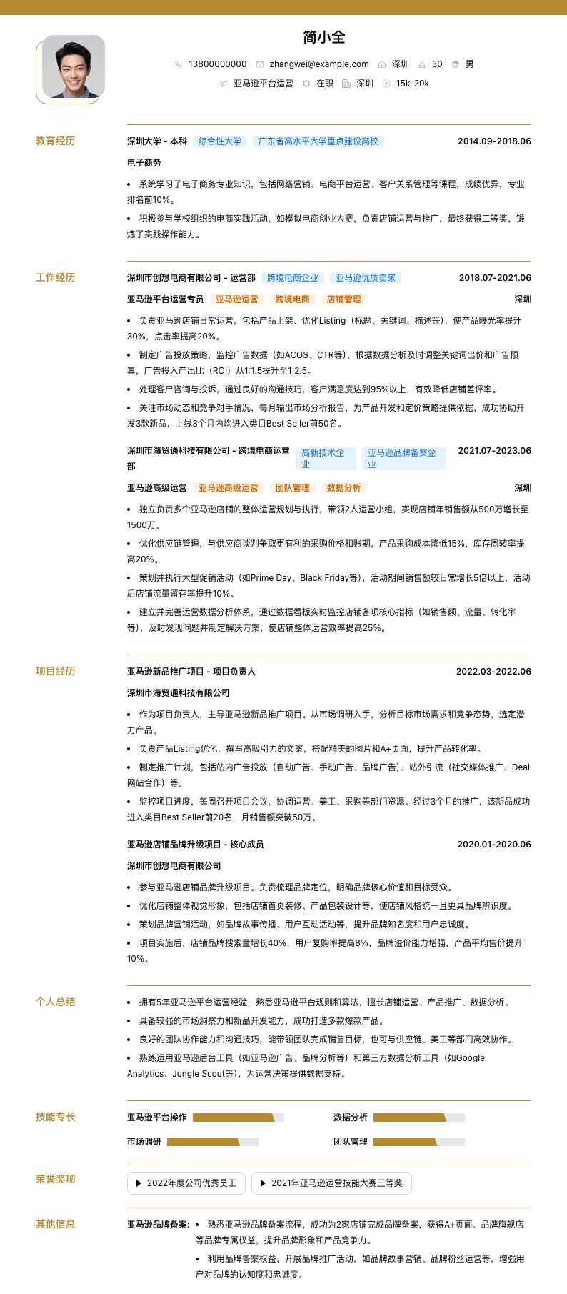 亚马逊平台运营简历模板