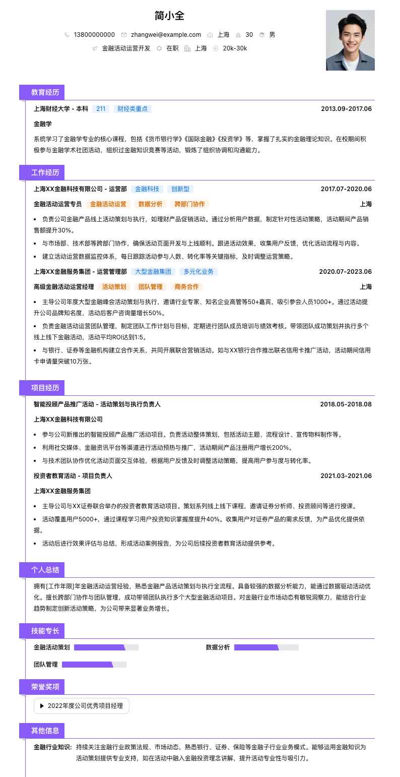 金融活动运营简历模板