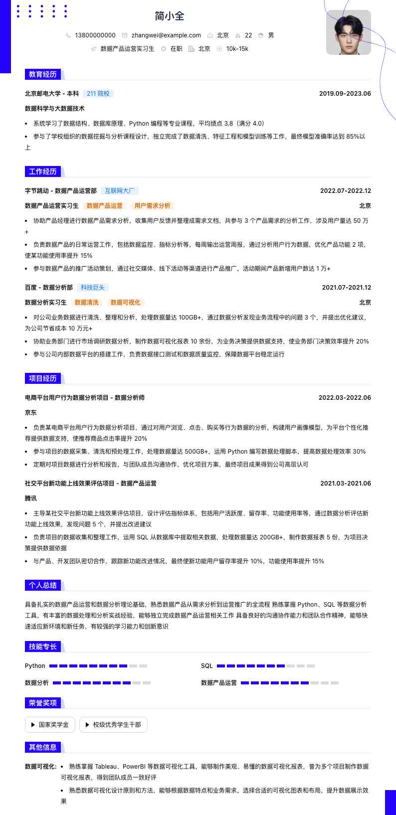 数据产品运营实习生简历模板