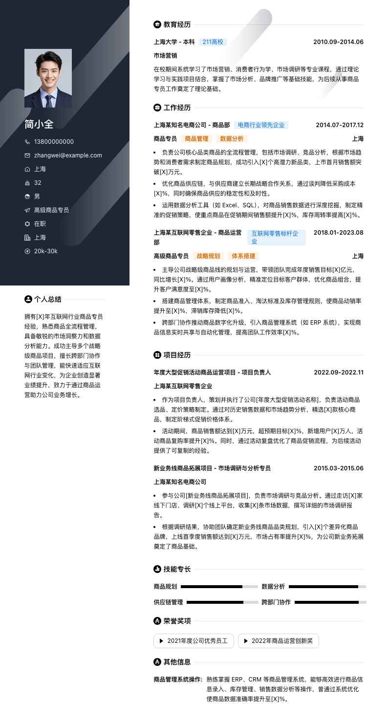 高级商品专员简历模板