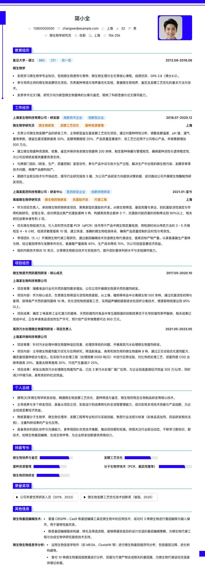 微生物学研究员简历模板