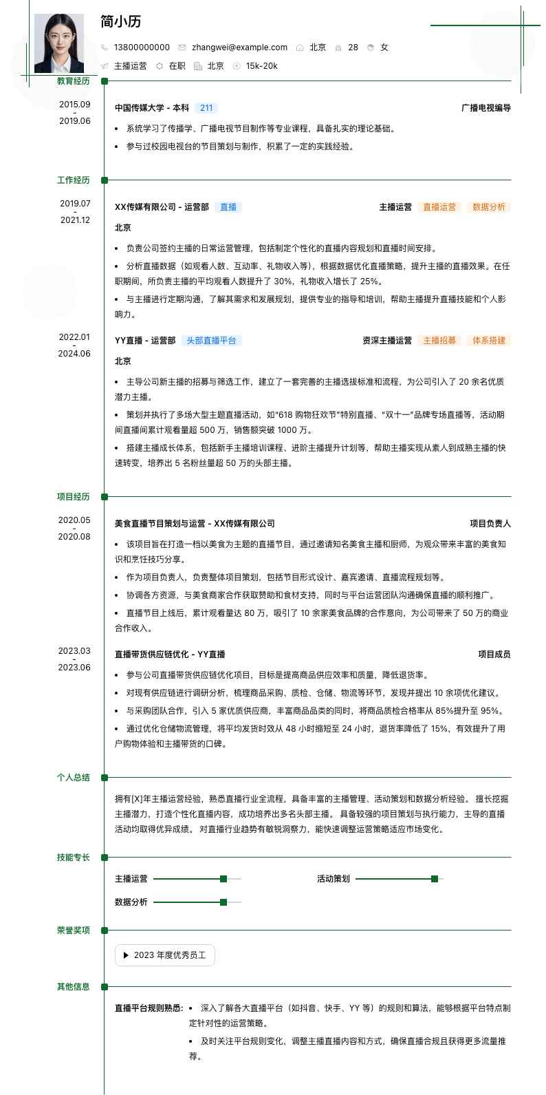 主播运营简历模板