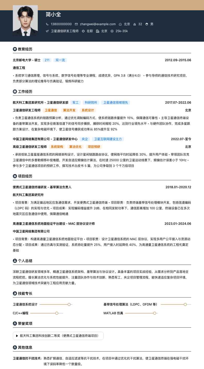 卫星通信研发工程师简历模板