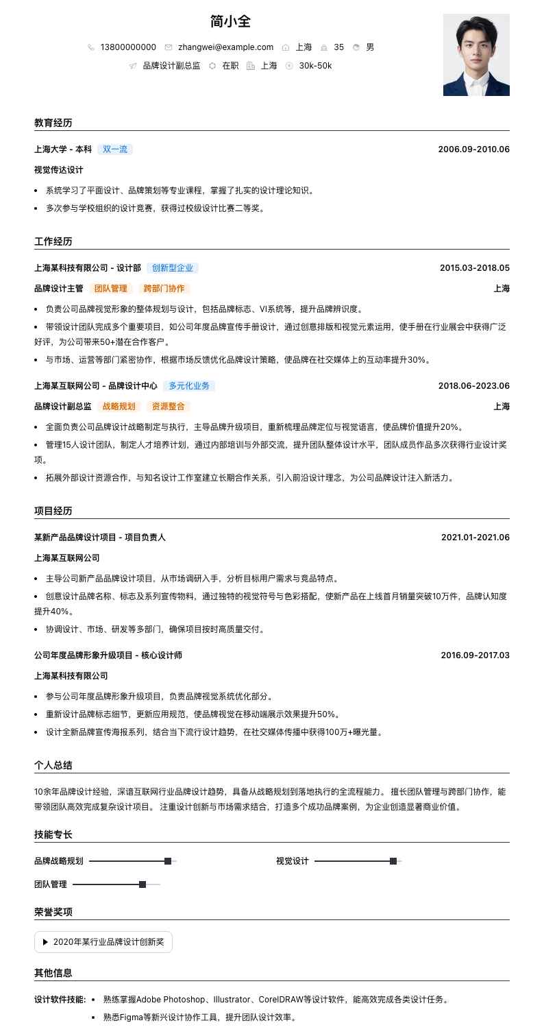 品牌设计副总监简历模板