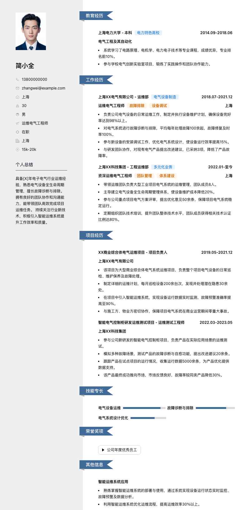 运维电气工程师简历模板