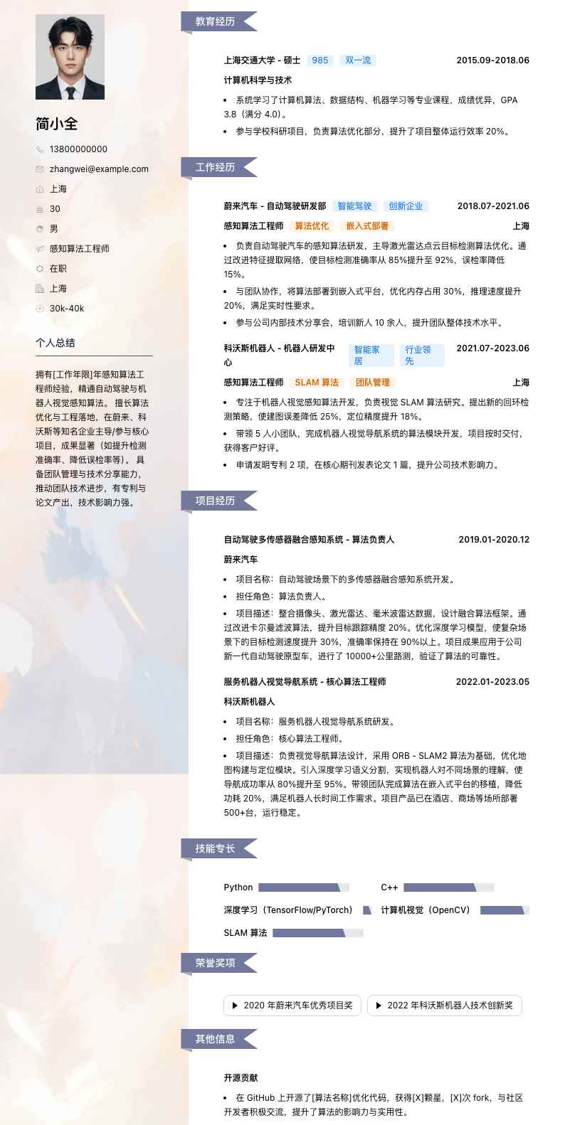 感知算法工程师简历模板