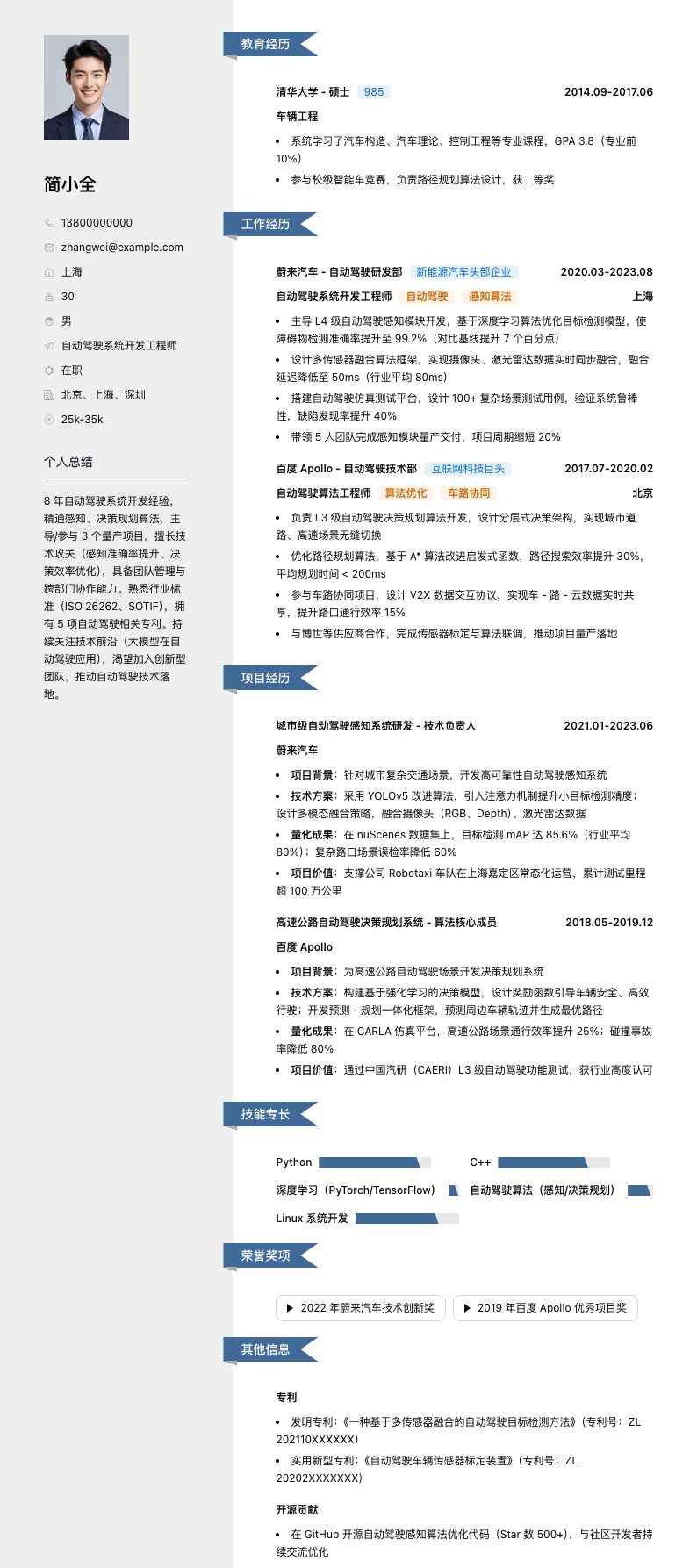 自动驾驶系统开发工程师简历模板