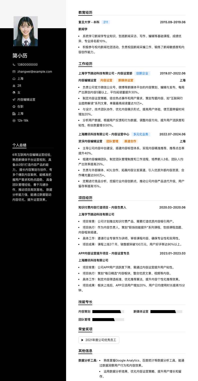 内容编辑运营简历模板