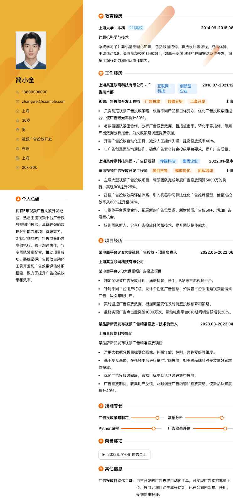 视频广告投放简历模板