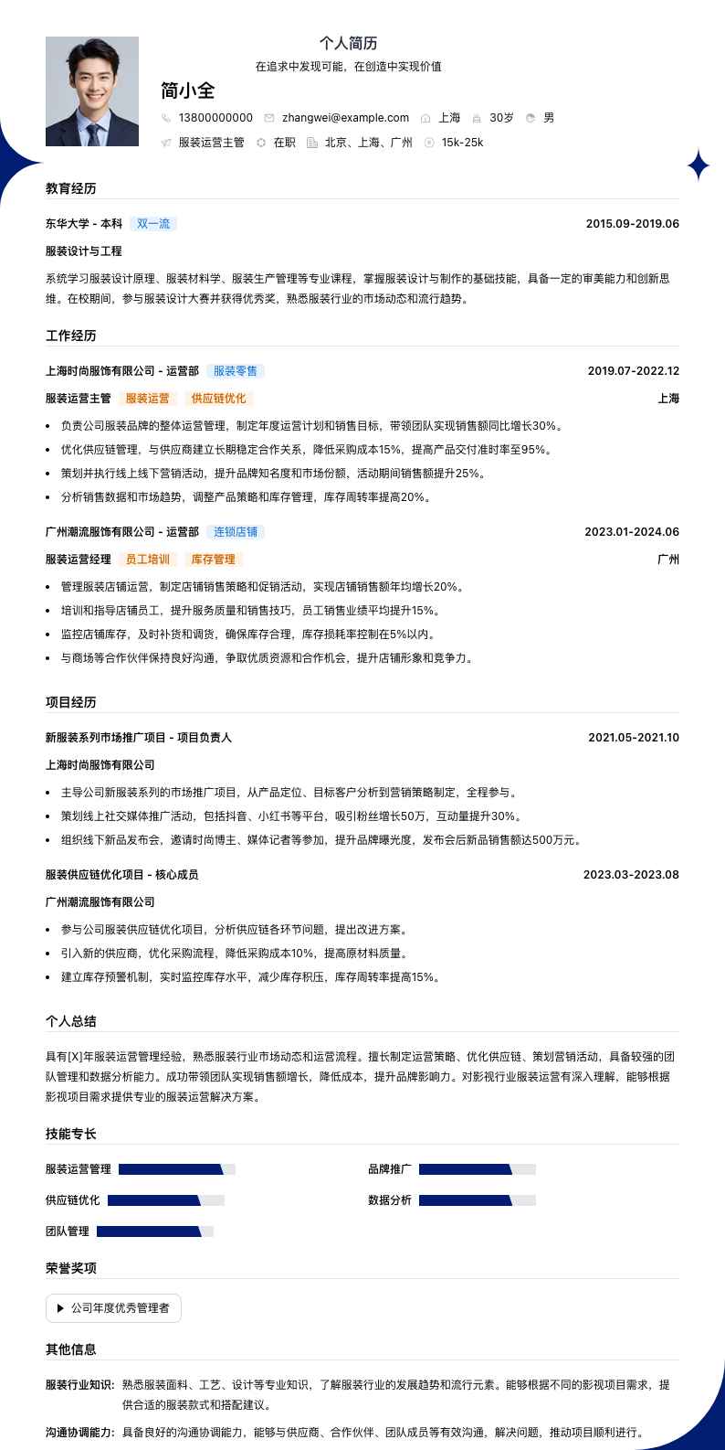 服装运营主管简历模板