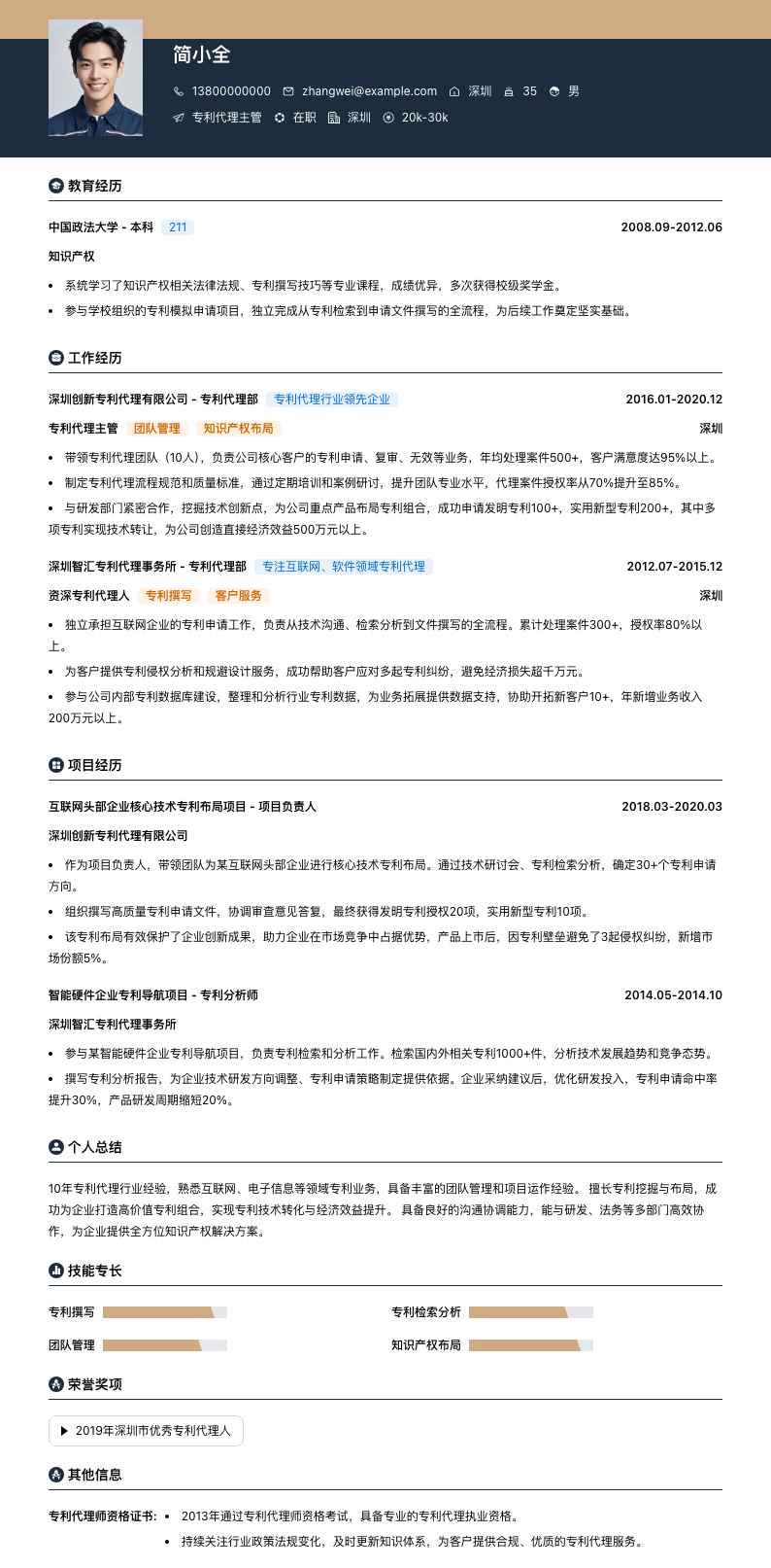 专利代理主管简历模板
