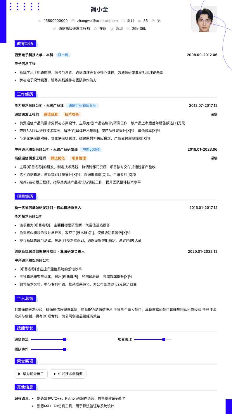 通信高级研发工程师简历模板