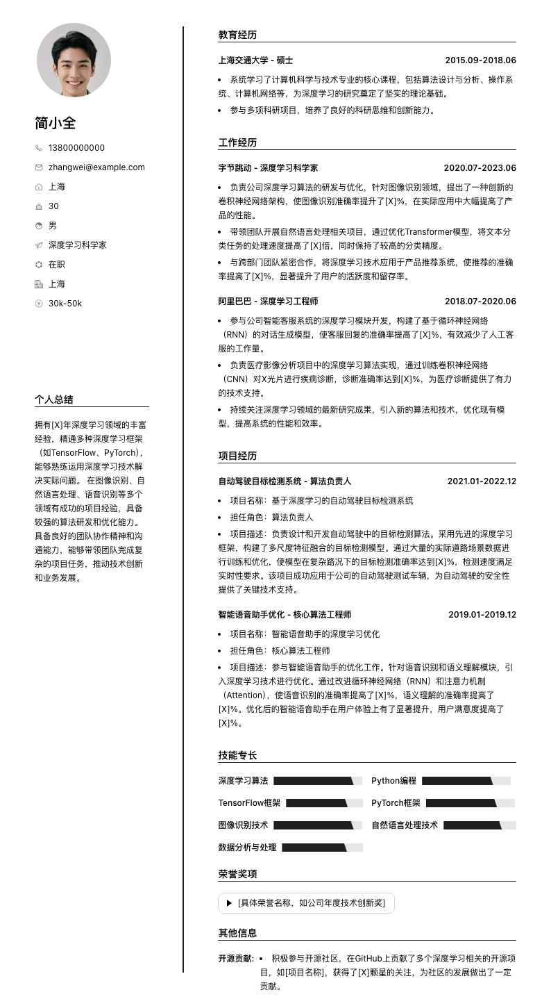 深度学习科学家简历模板