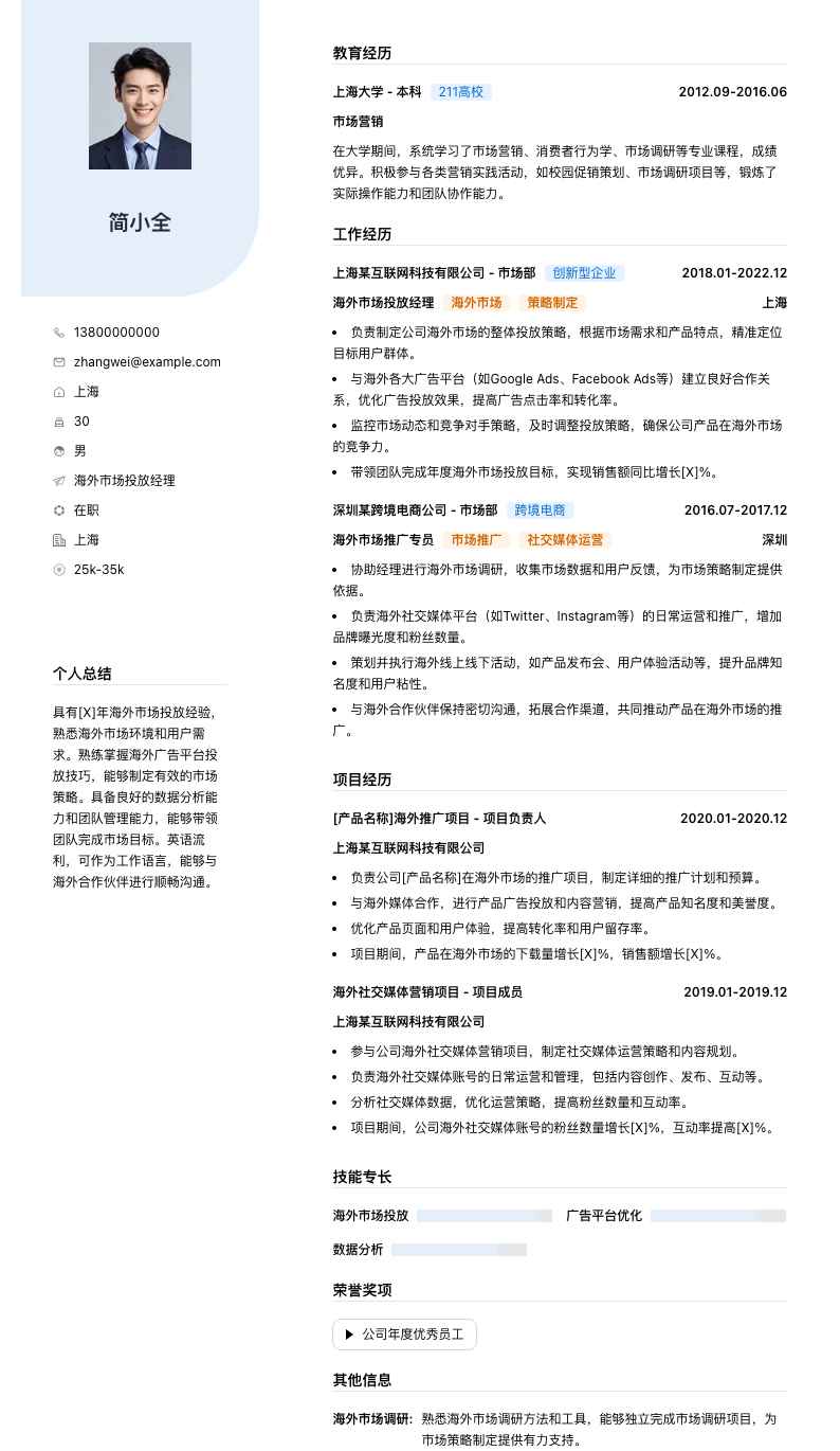 海外市场投放经理简历模板