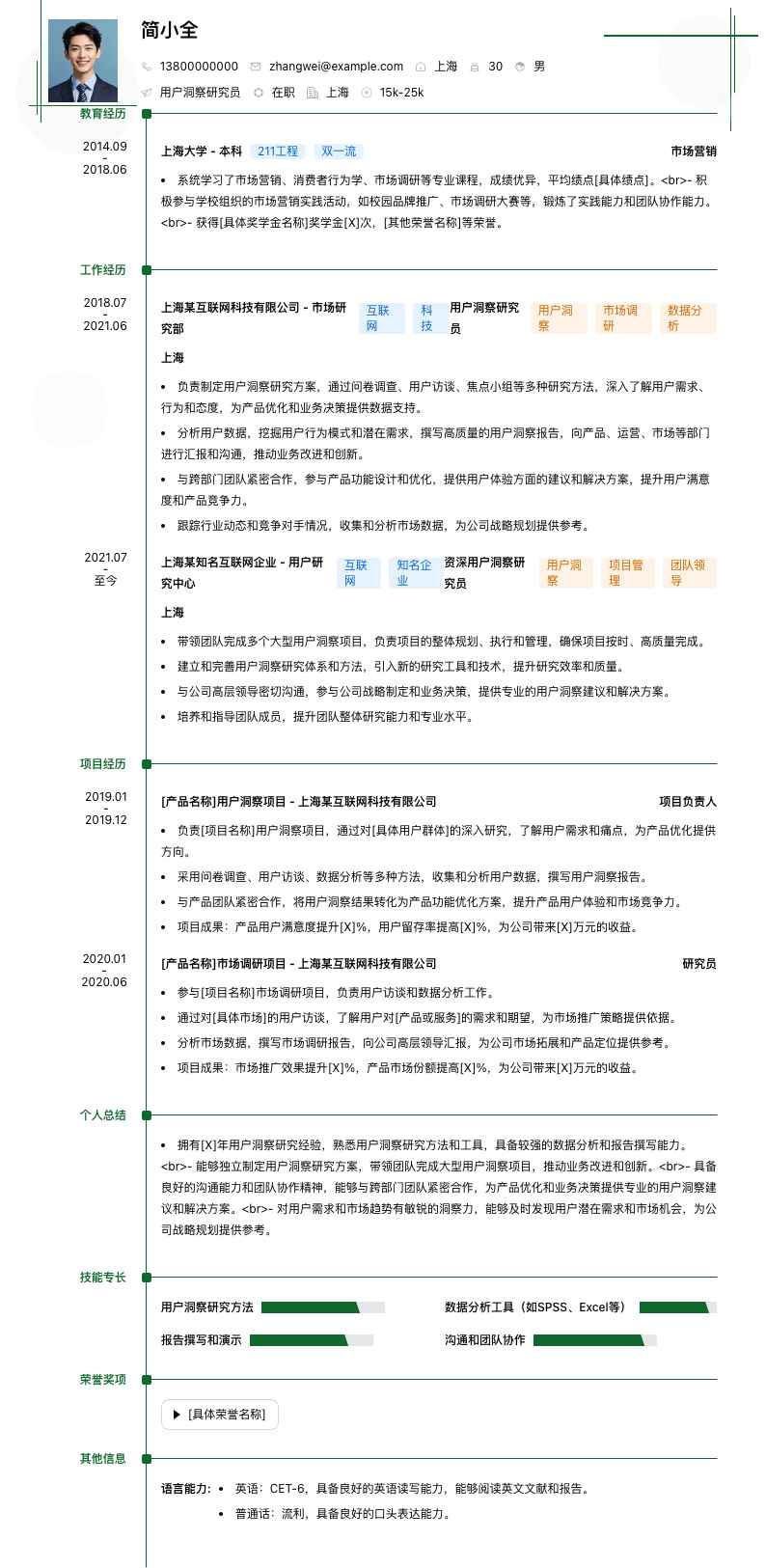 用户洞察研究员简历模板