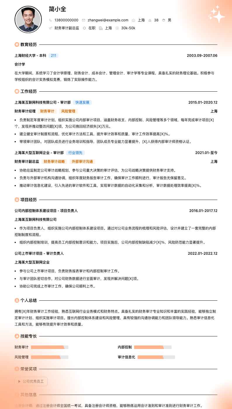 财务审计副总监简历模板