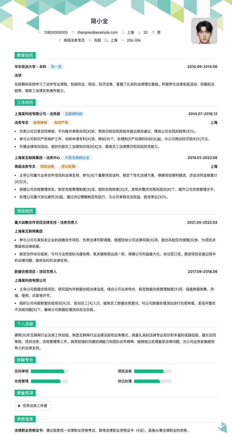 高级法务专员简历模板