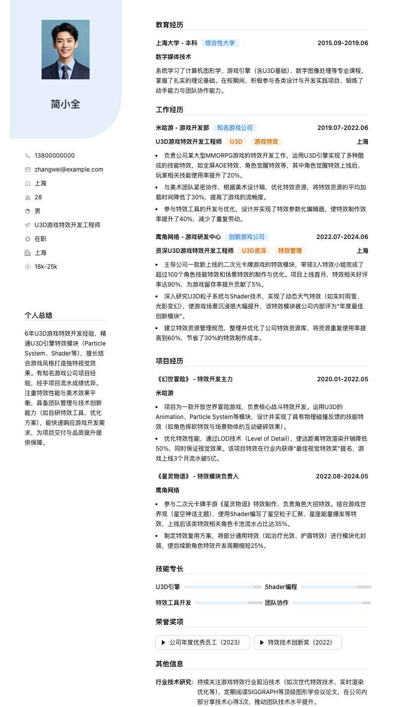 u3d游戏特效简历模板