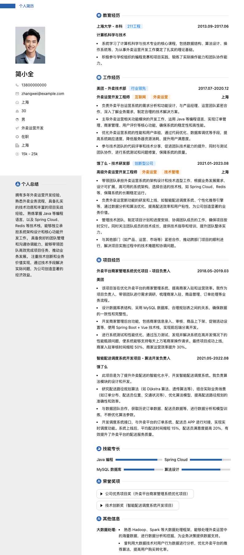 外卖运营简历模板