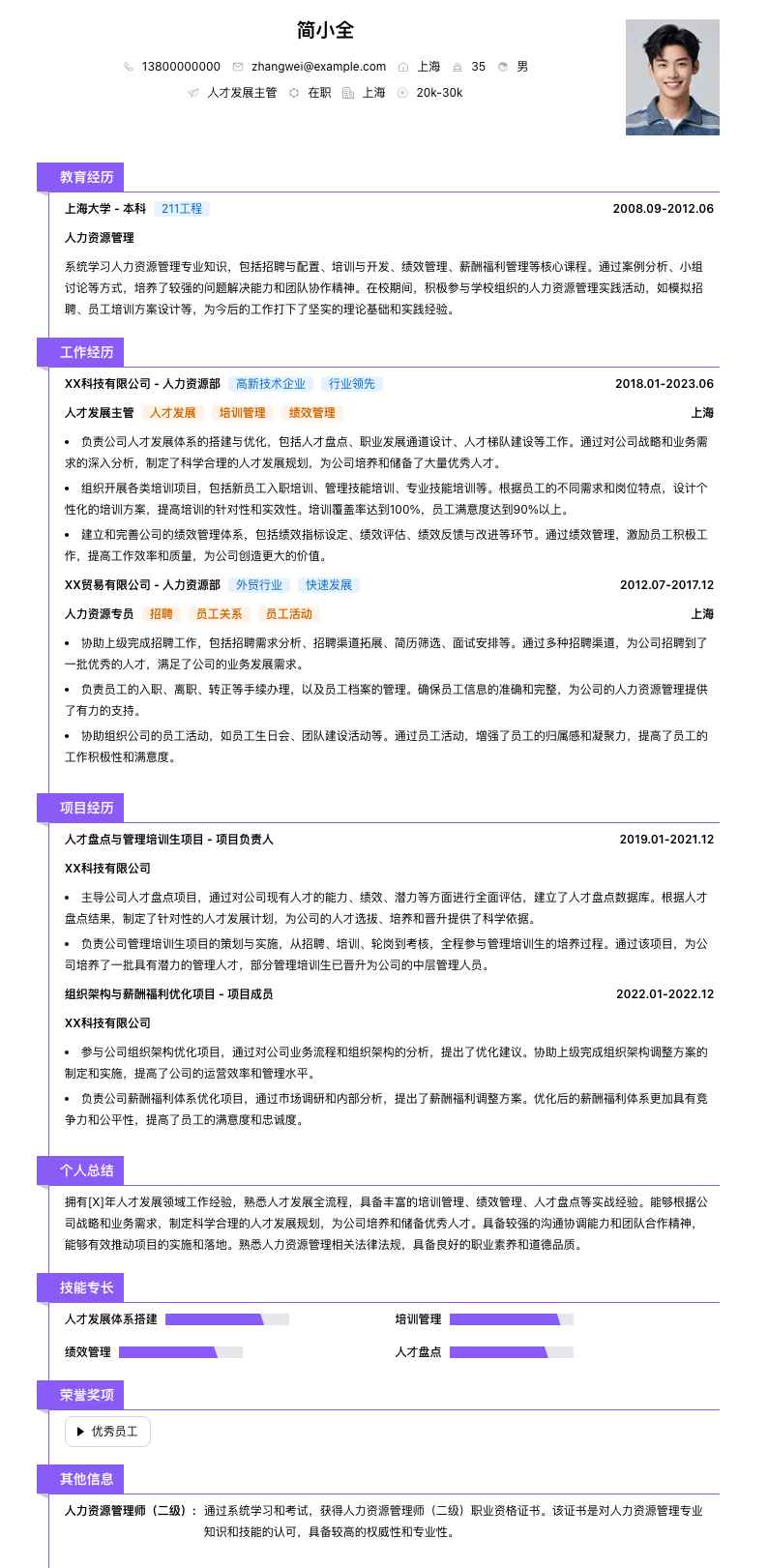 人才发展主管简历模板