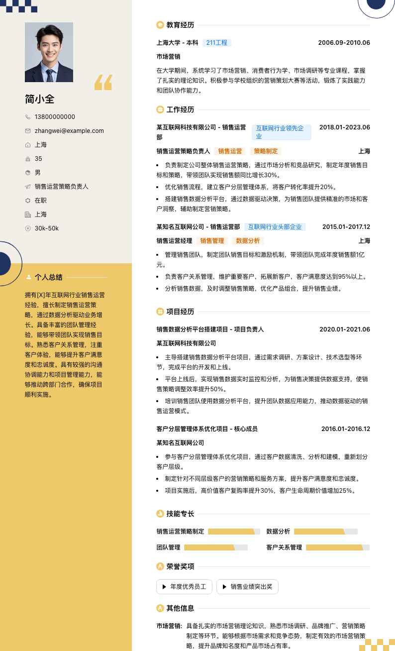 销售运营策略负责人简历模板