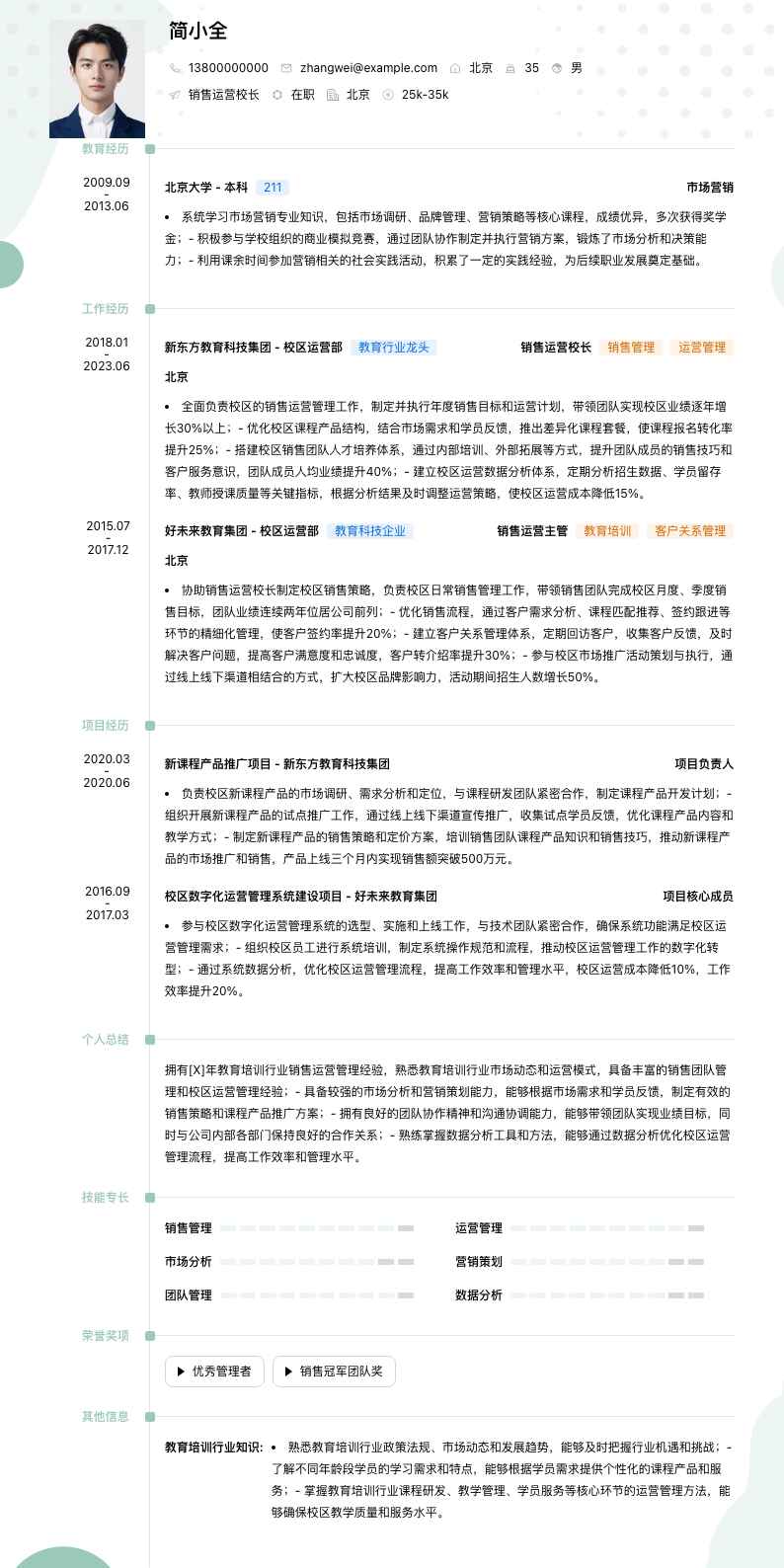 销售运营校长简历模板