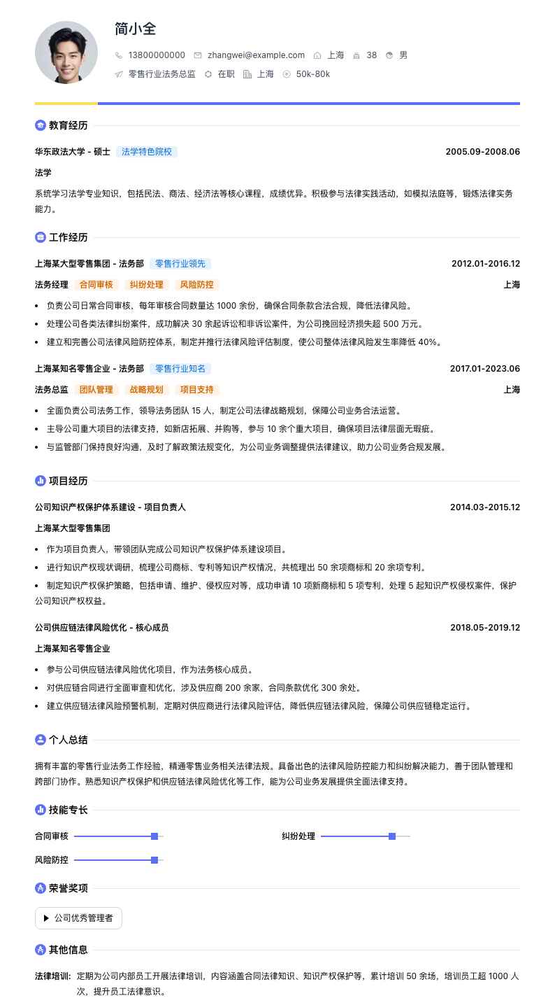 零售行业法务总监简历模板