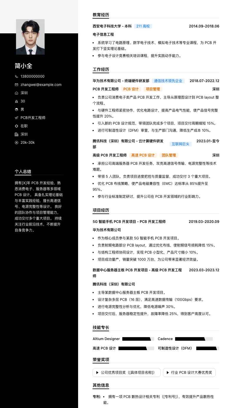 pcb开发工程师简历模板