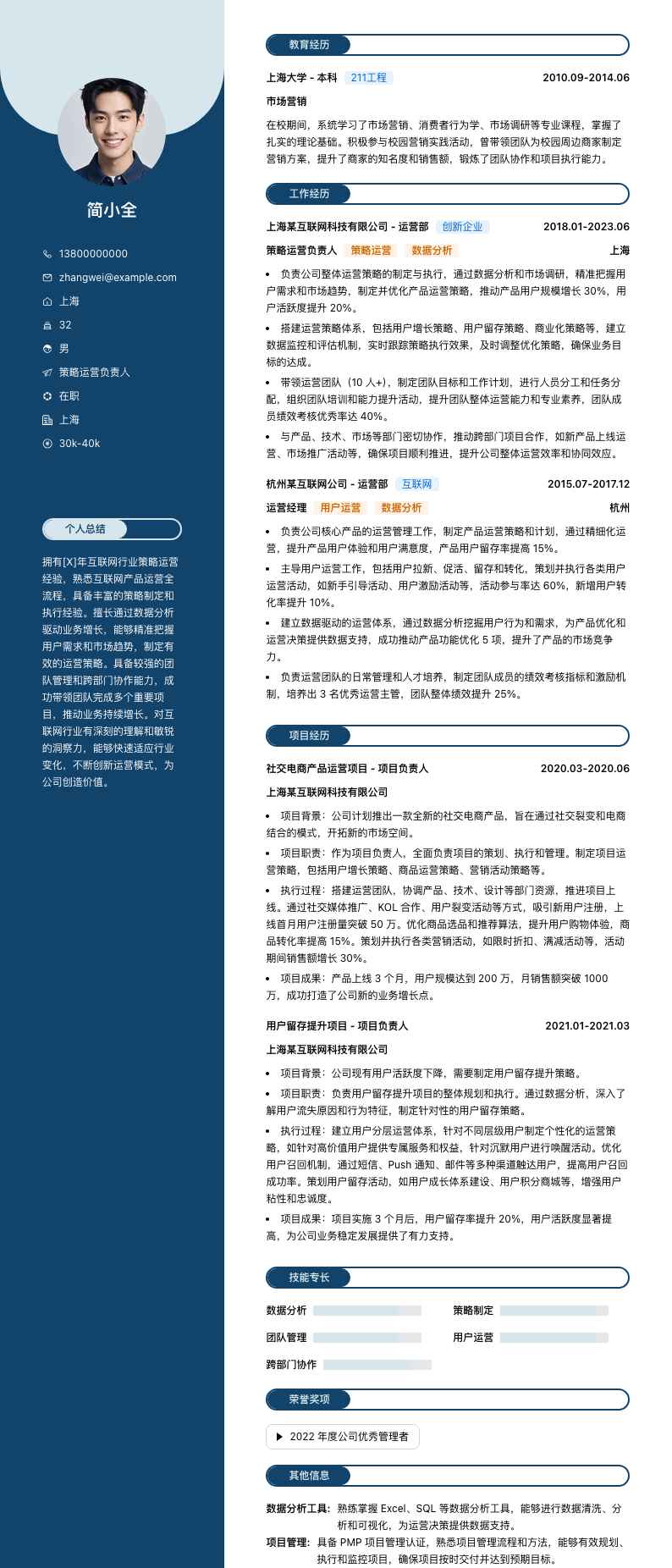 策略运营负责人简历模板