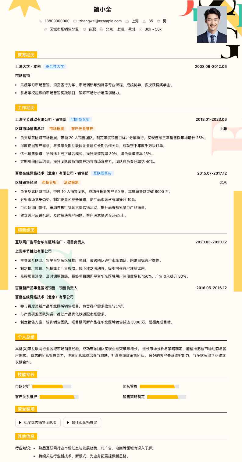 区域市场销售总监简历模板