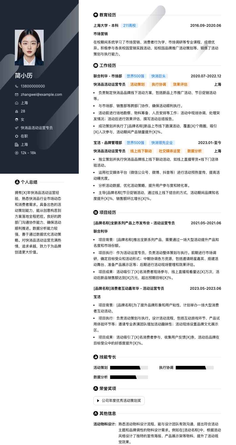 快消品活动运营专员简历模板
