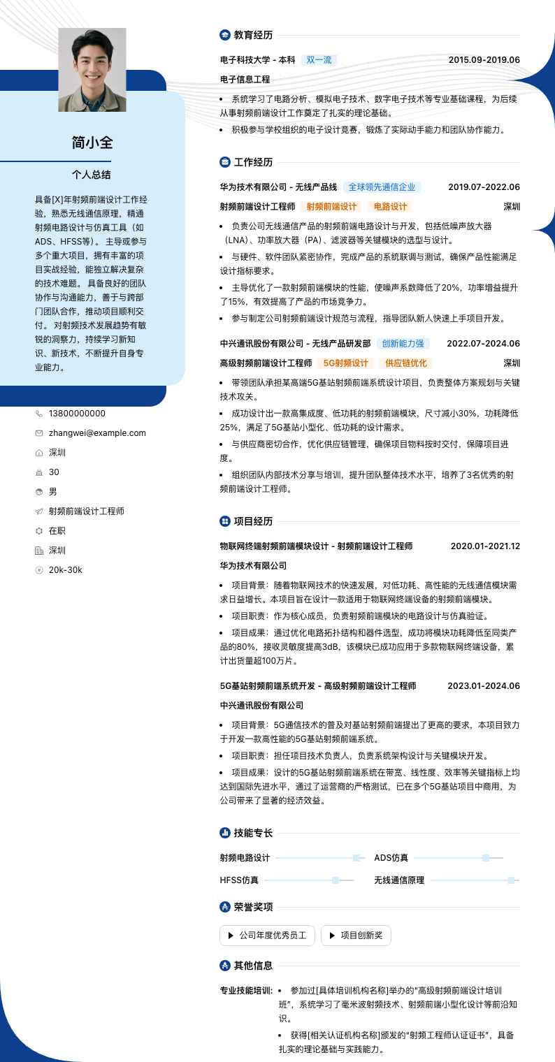射频前端设计工程师简历模板