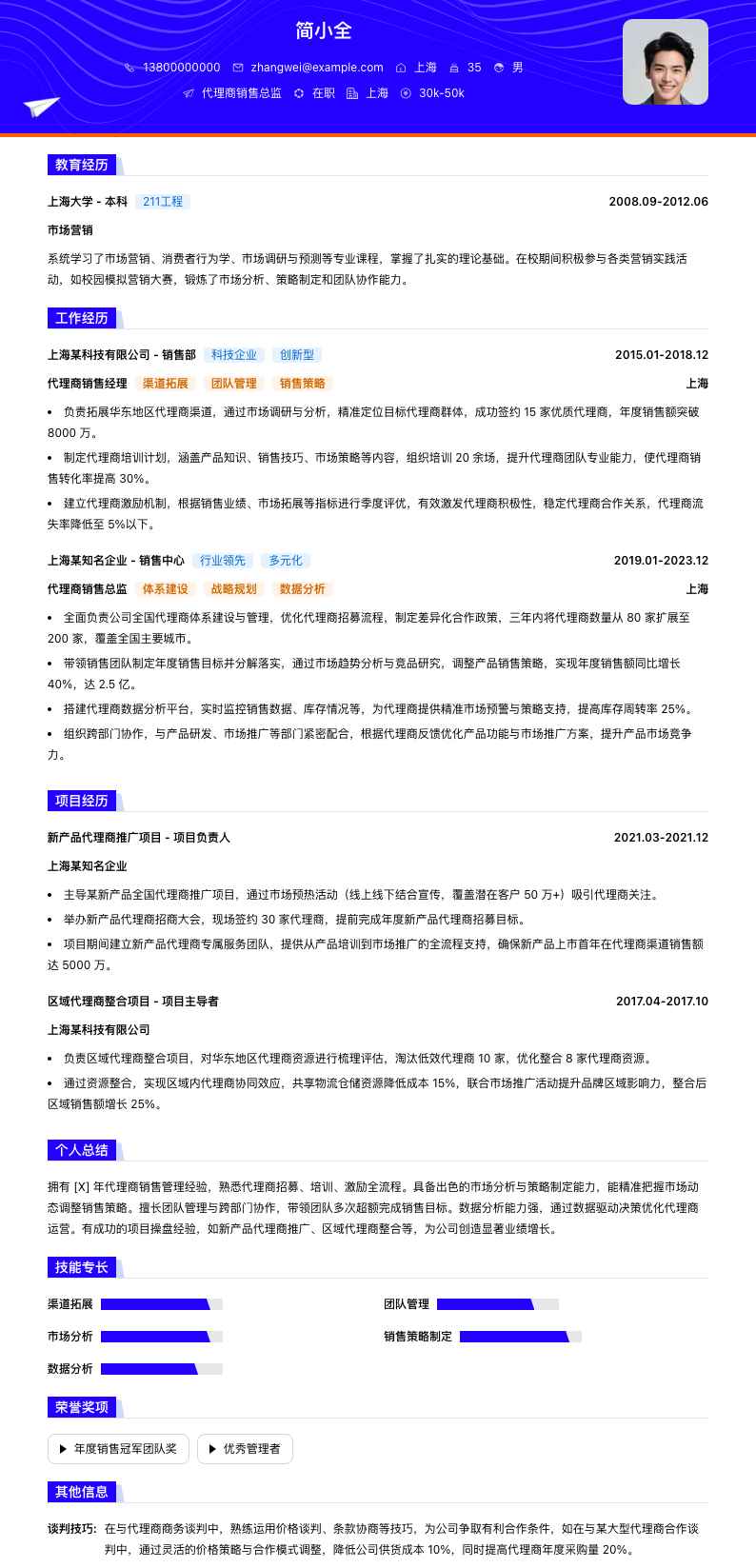 代理商销售总监简历模板