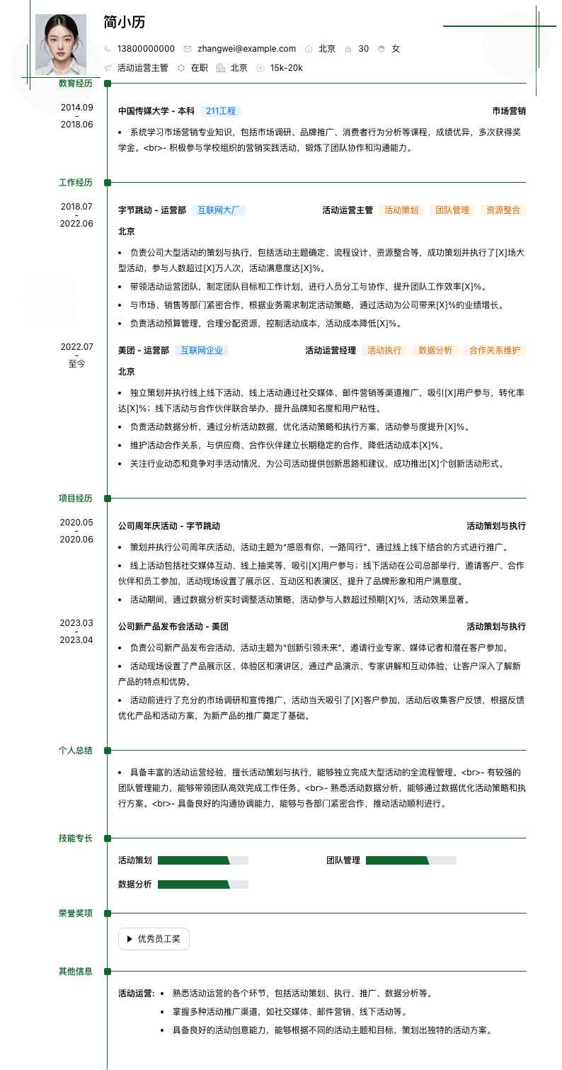 活动运营主管简历模板