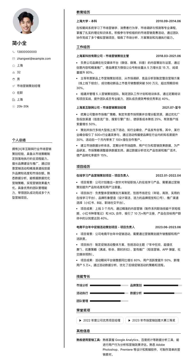 市场营销策划经理简历模板