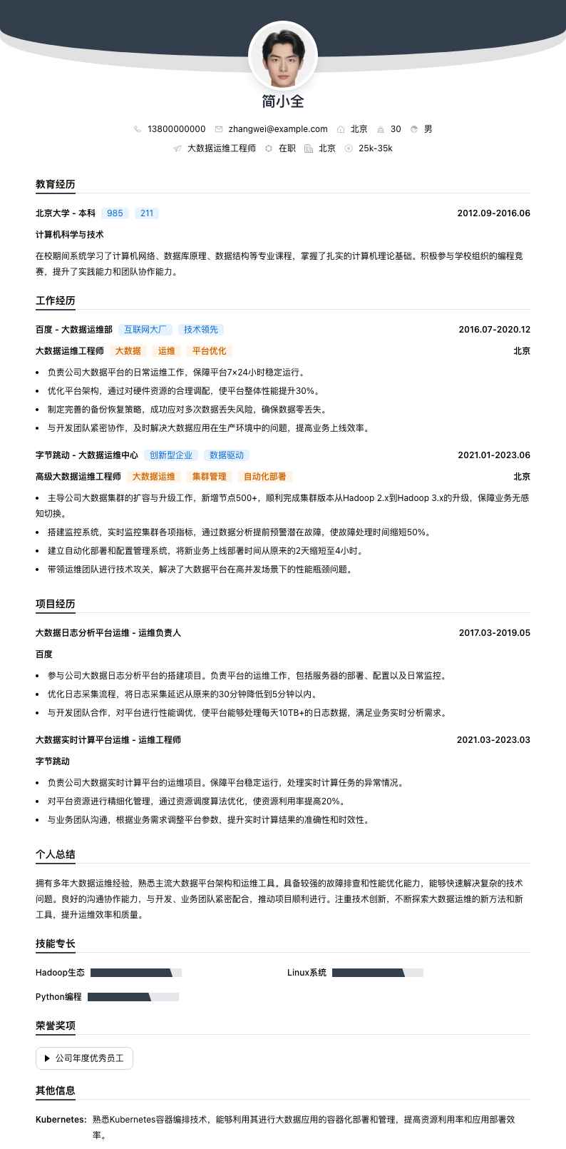 大数据运维工程师简历模板