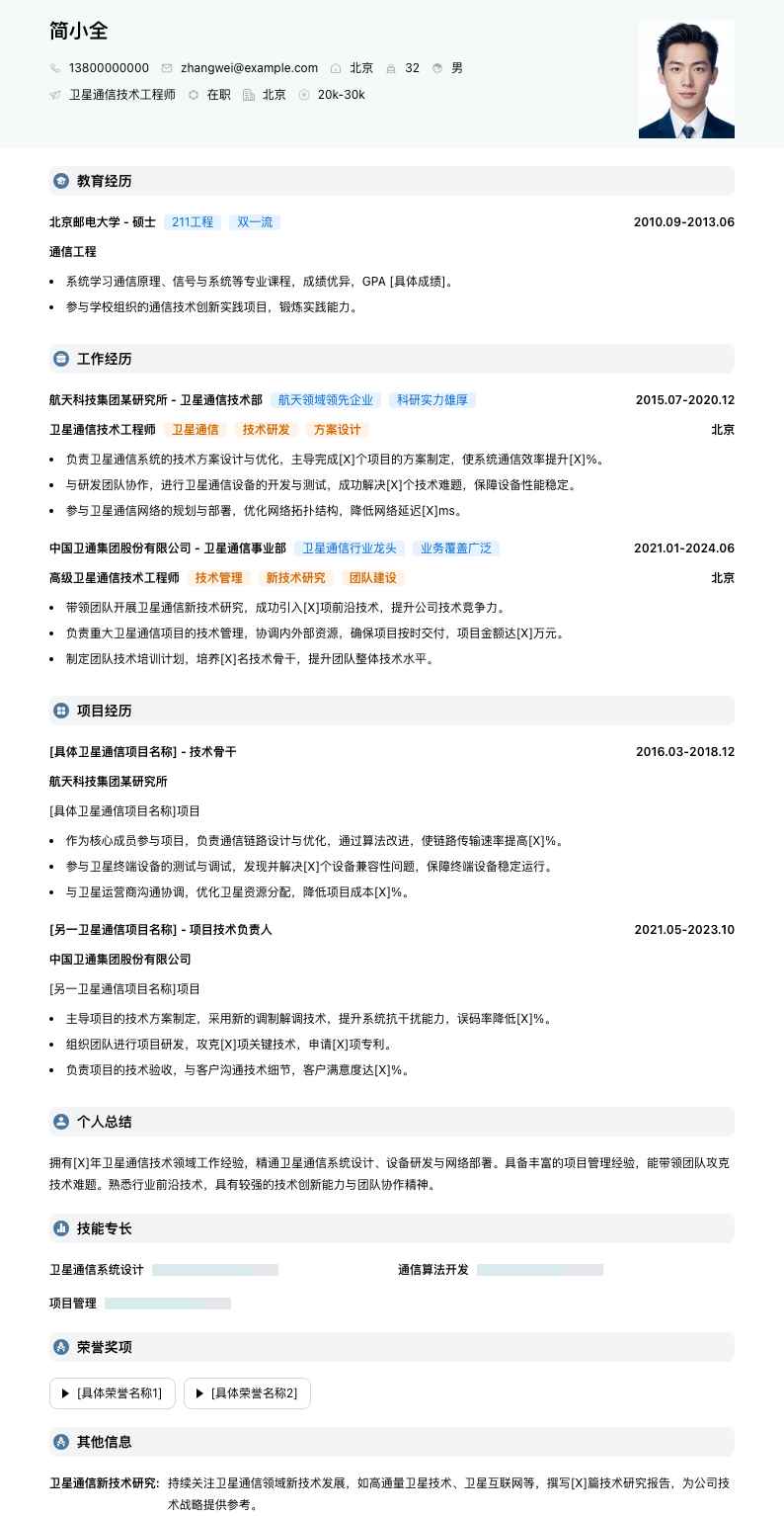 卫星通信技术工程师简历模板